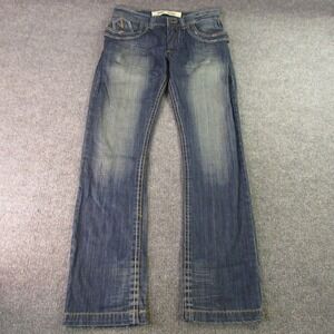 Y2K Jean Men 34x35 Low Rise Straight Distressed Whiskered Blue Denim Embellished